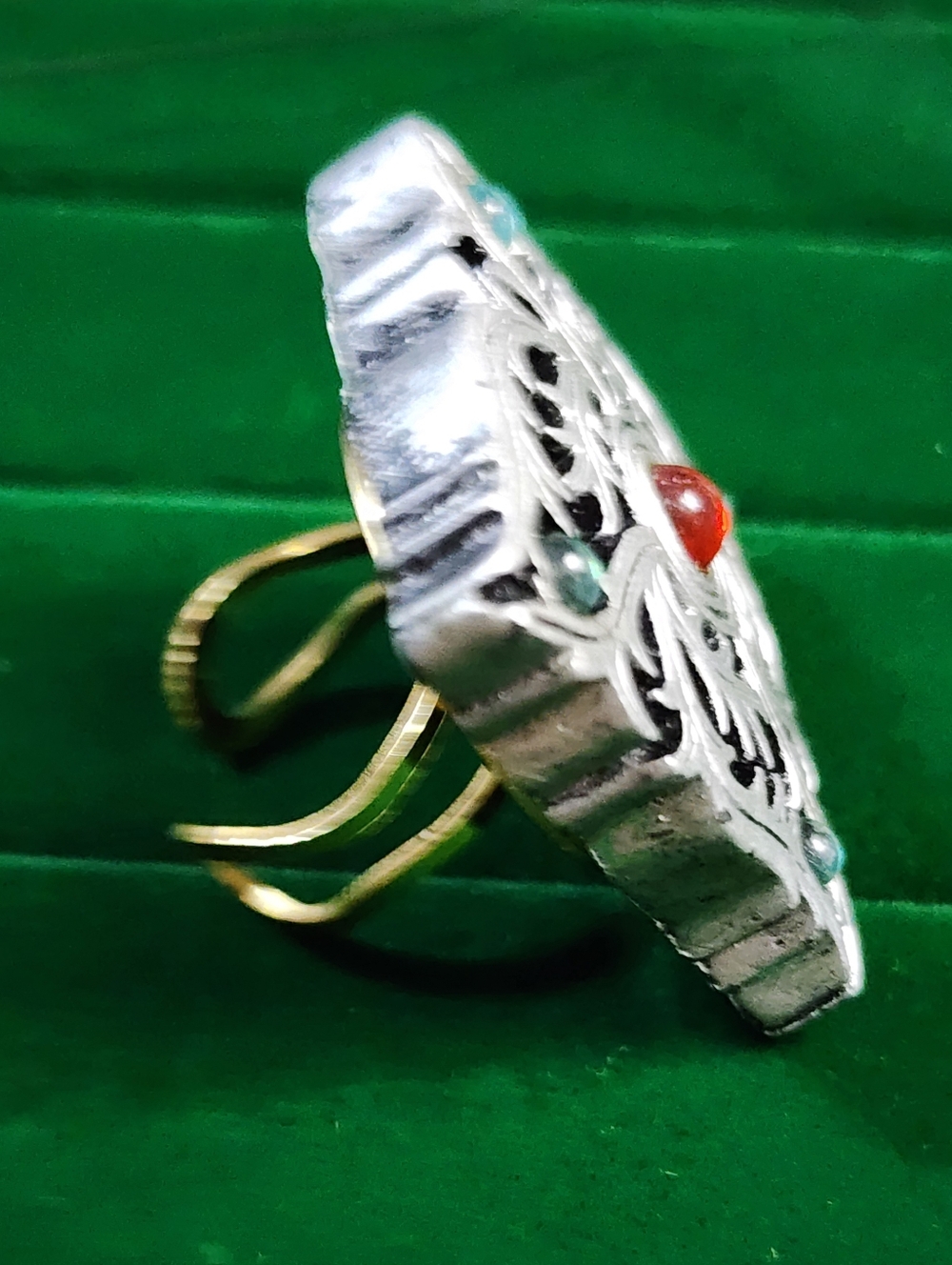1980s Artisan Multi Stone Ring Red Turquoise Cabochon Silver Tone Adjustable - Picture 3 of 6